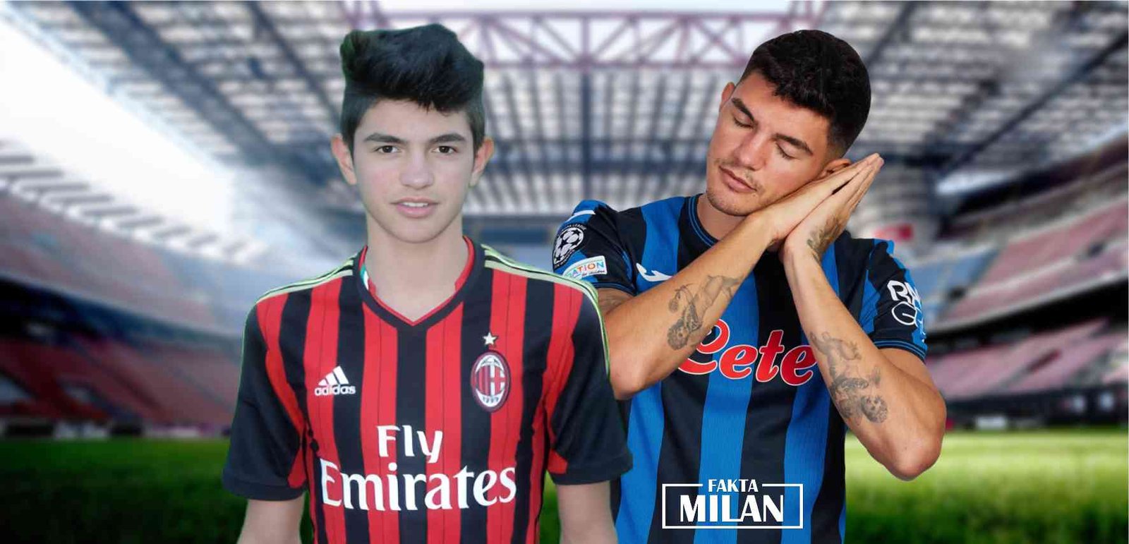 Bocah Pemain Muda AC Milan Dua pemain muda AC Milan di stadion, satu tersenyum dan satu berpose tidur.