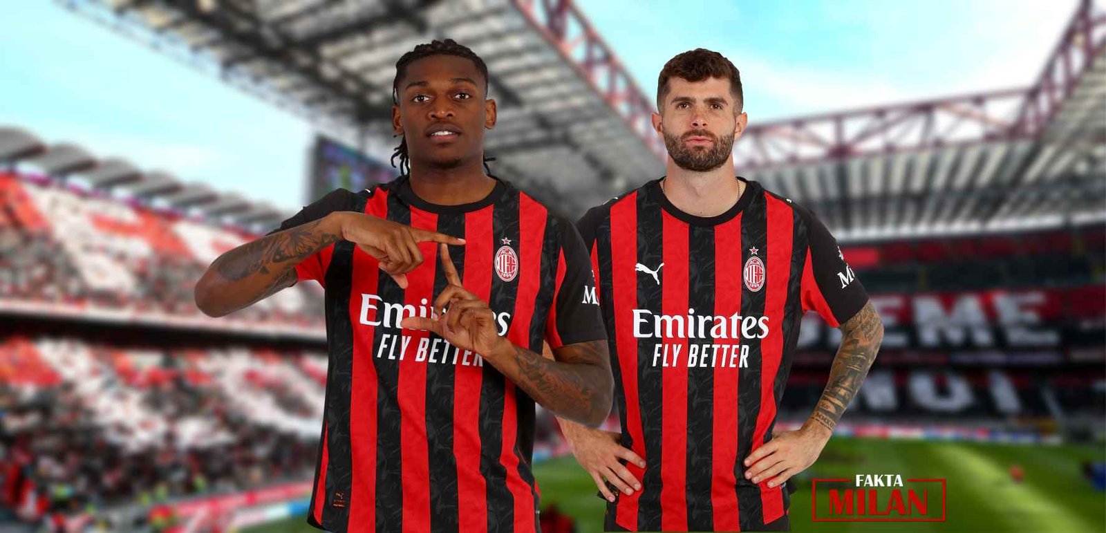 AC Milan Pemain Baru di Stadion Dua pemain AC Milan di lapangan stadion dengan seragam merah hitam.