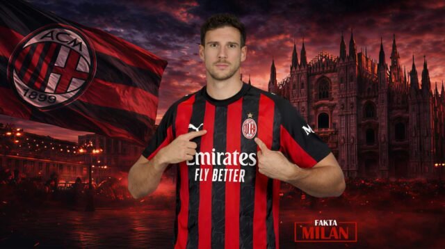 Goretzka dalam jersey AC Milan di latar kota Milan.