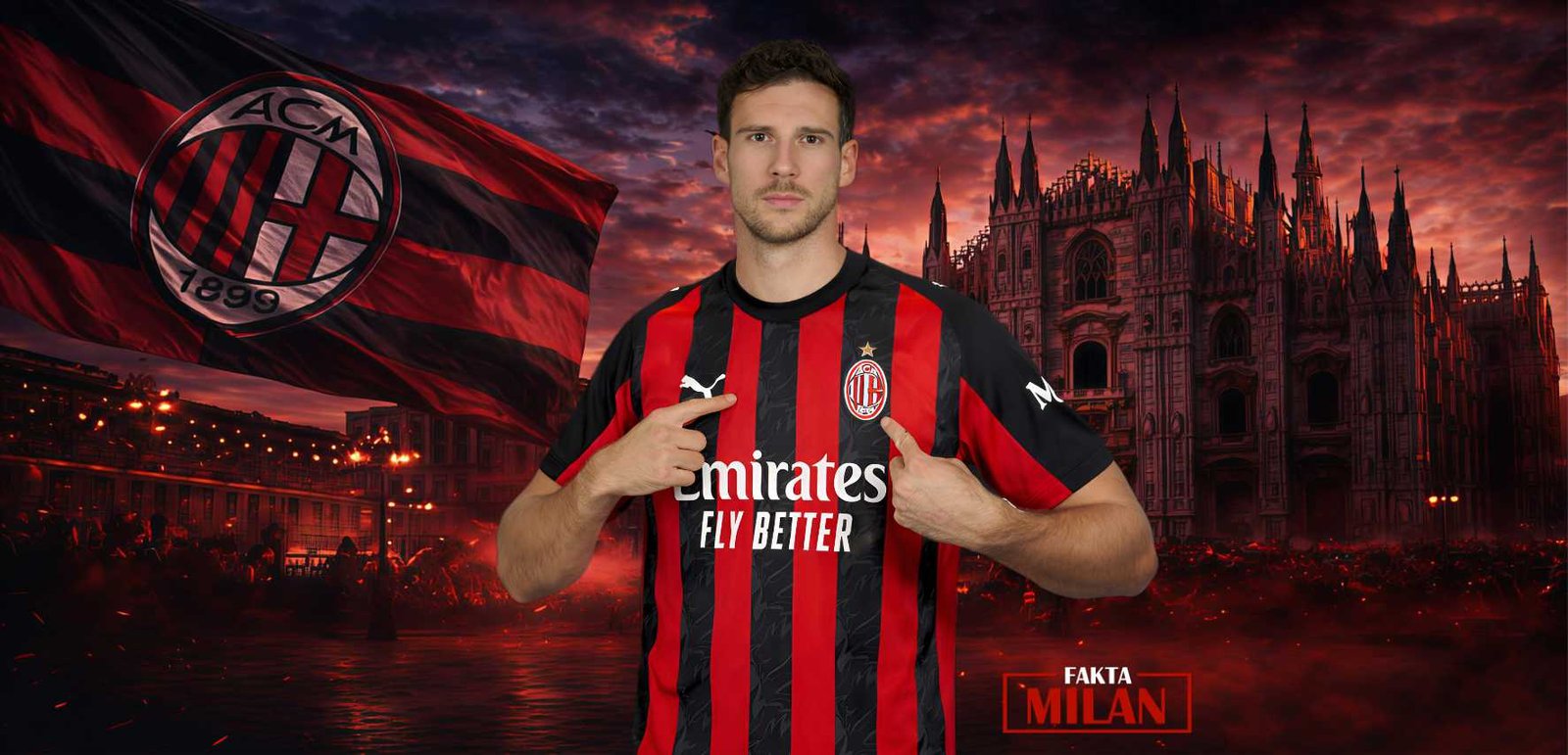 Goretzka ke AC Milan Goretzka dalam jersey AC Milan di latar kota Milan.