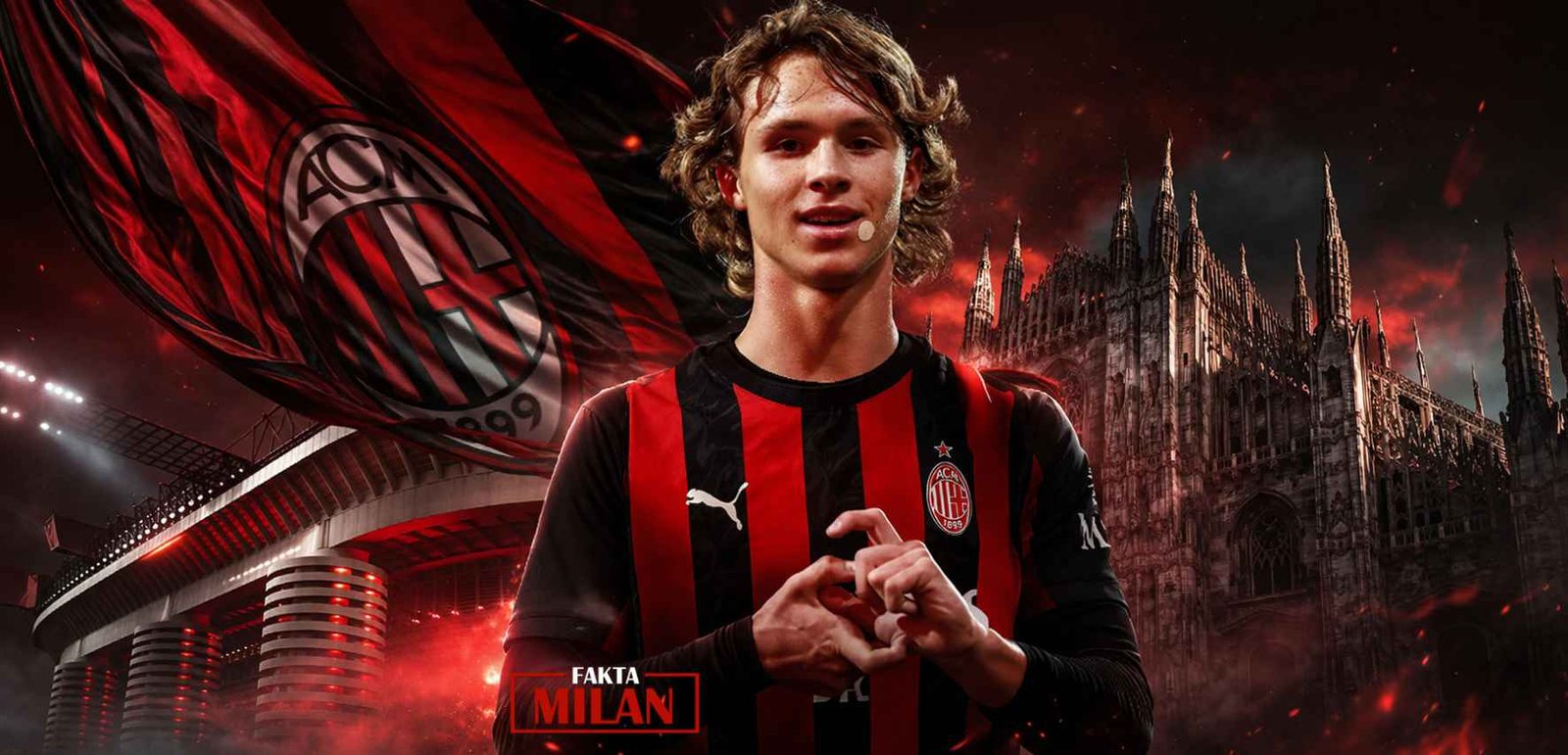 Pemain muda AC Milan dengan seragam merah hitam di stadion.