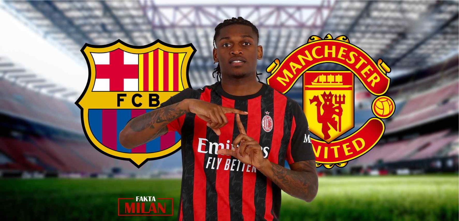 Leão Siap Dijual Milan! Pemain sepak bola mengenakan jersey AC Milan di stadion, dengan logo Barcelona dan Manchester United.