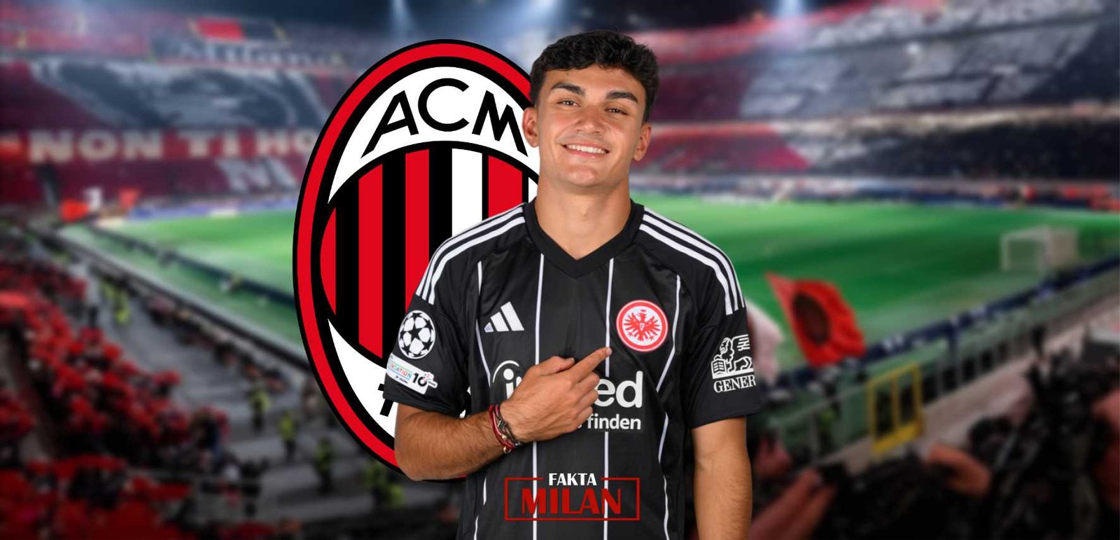 Pemain Muda Menjanjikan AC Milan Pemain muda AC Milan di stadion dengan logo klub di latar belakang.