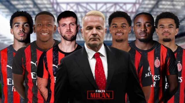Pelatih AC Milan bersama pemain di stadion, fokus dan serius.
