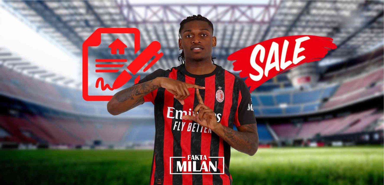 Rafael Leao pemain AC Milan saat promosi penjualan di stadion.