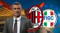 Paolo Maldini di acara sepak bola dengan logo AC Milan dan FIGC.