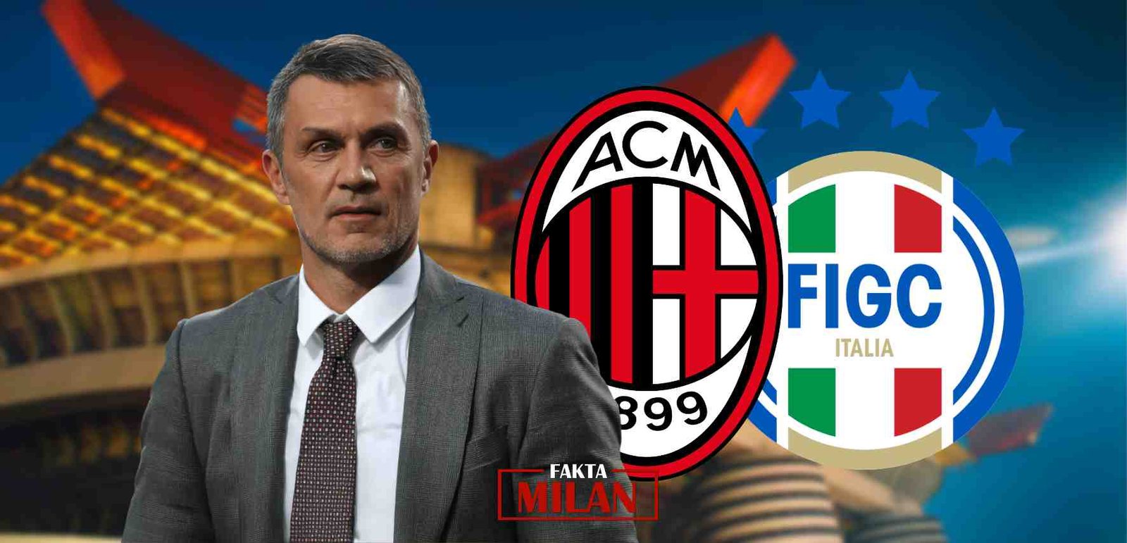 Paolo Maldini di acara sepak bola dengan logo AC Milan dan FIGC.