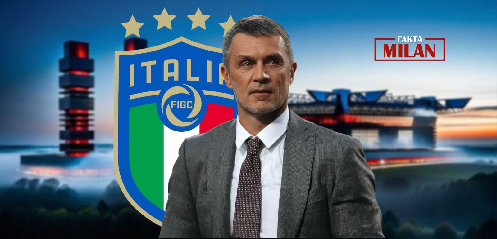 Paolo Maldini di depan logo FIGC dan stadion sepak bola.