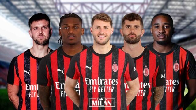 Kelima pemain AC Milan mengenakan seragam merah hitam di stadion.