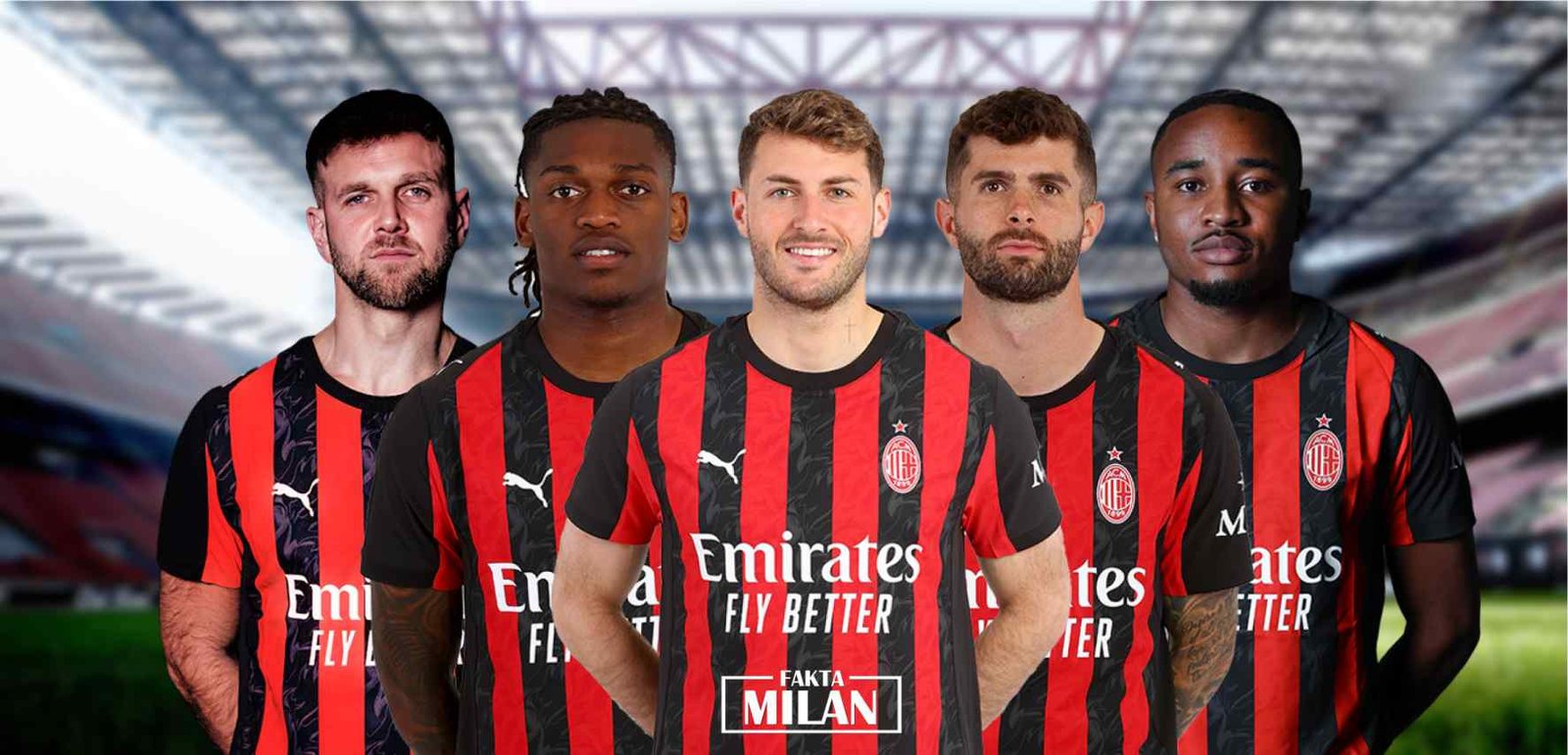 Pemain AC Milan dalam Seragam Baru Kelima pemain AC Milan mengenakan seragam merah hitam di stadion.