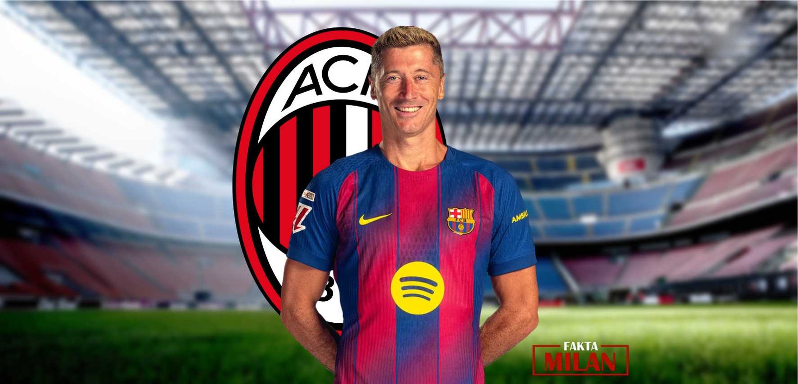 Robert Lewandowski mengenakan jersey Barcelona di stadion.